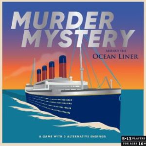 The box of a murder mystery on an ocean liner game, featuring a cruise ship.